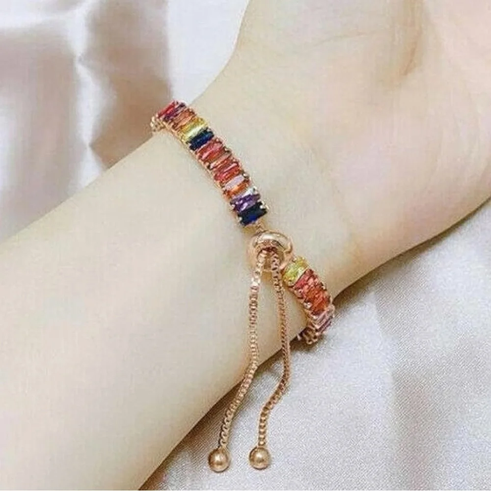 Multicolor Adjustable Tennis Bracelet. Gold w/adjustable slider-up to 10”! - Picture 3 of 14